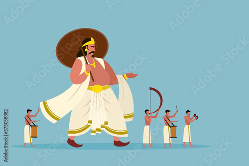 Mythical King of Kerala 'Mahabali' walking with people playing percussion instruments. Concept for Onam Festival in Kerala, India