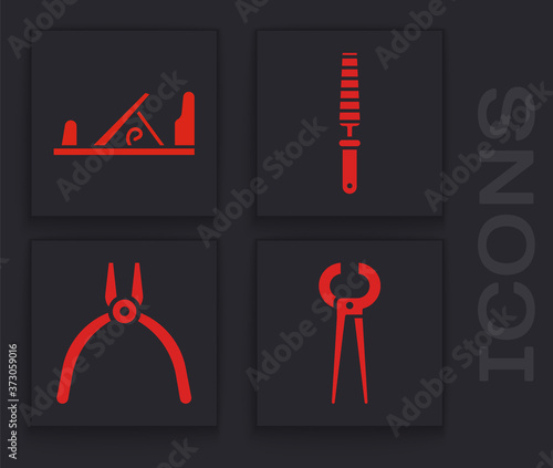 Set Pincers and pliers, Wood plane tool, Chisel tool for wood and Pliers tool icon. Vector.