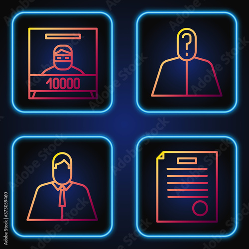 Set line The arrest warrant, Lawyer, attorney, jurist, Wanted poster and Anonymous with question mark. Gradient color icons. Vector.