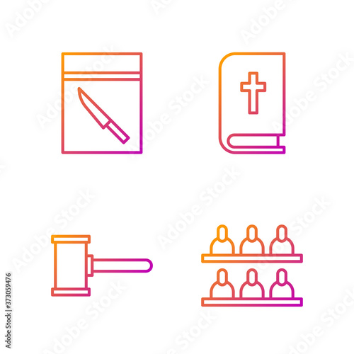 Set line Jurors, Judge gavel, Evidence bag and knife and Holy bible book. Gradient color icons. Vector.