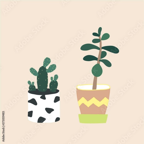 Cactus and succulent in flowerpots. Houseplant isolated. Trendy hugge style, urban jungle decor gift. Hand drawn sketch, naive art. Print, poster, banner. Logo, label. Green, black, beige pastel color