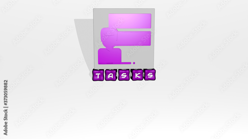3D illustration of TASKS graphics and text made by metallic dice letters for the related meanings of the concept and presentations, 3D illustration 3D illustration of TASKS graphics and text made by metallic dice letters for the related meanings of the concept and presentations, 3D illustration