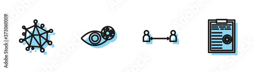 Set line Safe distance, Virus, Reddish eye due to virus and Clipboard with blood test results icon. Vector.