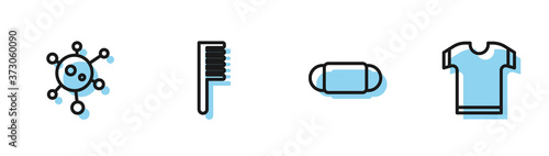 Set line Medical protective mask, Virus, Hairbrush and T-shirt icon. Vector.