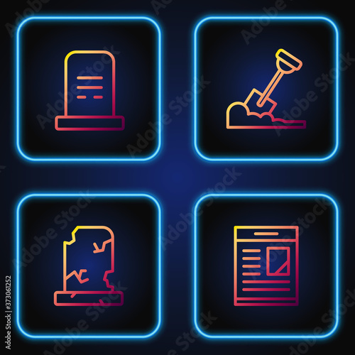 Set line Obituaries, Old grave with tombstone, Grave and Shovel in the ground. Gradient color icons. Vector.