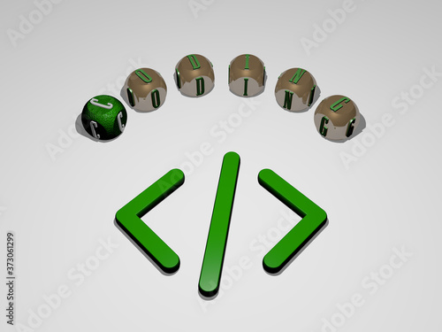 coding circular text of separate letters around the 3D icon, 3D illustration