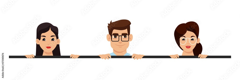 Business man and women holding blank banner. Professional people with white announcement board. Poster in hands, copy space vector illustration. Young successful workers with billboard Business man and women holding blank banner. Professional people with white announcement board. Poster in hands, copy space vector illustration. Young successful workers with billboard