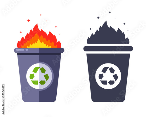 lit trash in the trash can. incineration of waste. flat vector illustration.