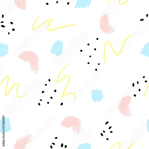 Seamless pattern with watercolor splashes. Brush stroke, dots, stains. Vector artwork. Memphis vintage, retro style. Child, kid cute sketch drawing. Pink, purple, black, yellow, white color
