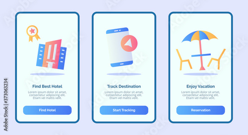 Find best Hotel track destination enjoy vacation for mobile apps template banner page UI with three variations modern flat color style