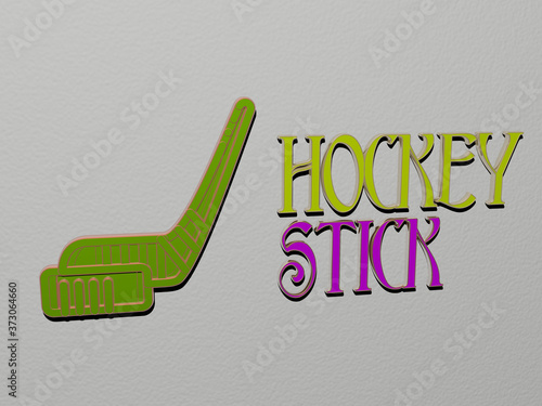 3D graphical image of HOCKEY STICK vertically along with text built by metallic cubic letters from the top perspective, excellent for the concept presentation and slideshows, 3D illustration photo