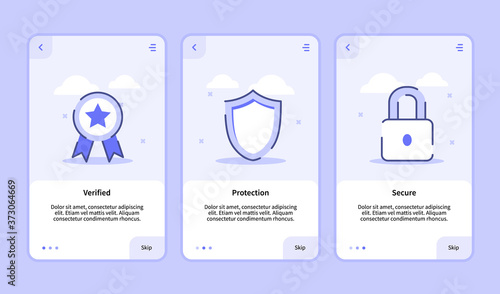 Security verified protection secure onboarding screen for mobile apps template banner page UI with three variations modern flat outline style.