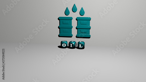 Obraz na plátně oil 3D icon on the wall and text of cubic alphabets on the floor, 3D illustratio