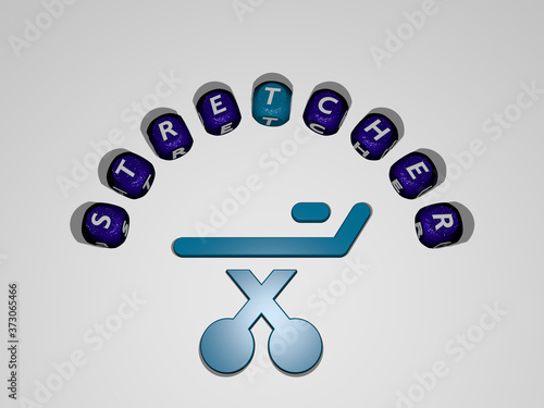 STRETCHER icon surrounded by the text of individual letters, 3D illustration photo