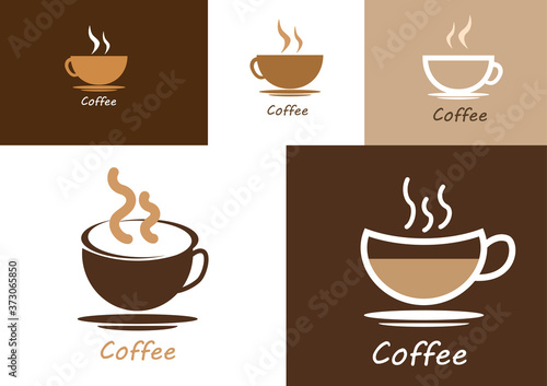 Cups of coffee on brown and white background. Decoration for cafes  coffee houses. Vector illustration.