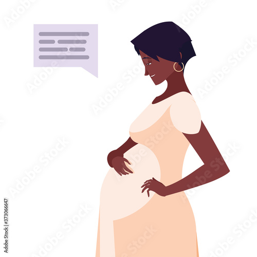 black pregnant woman cartoon with communication bubble vector design