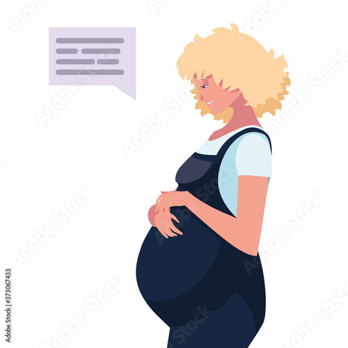 blond pregnant woman cartoon with communication bubble vector design