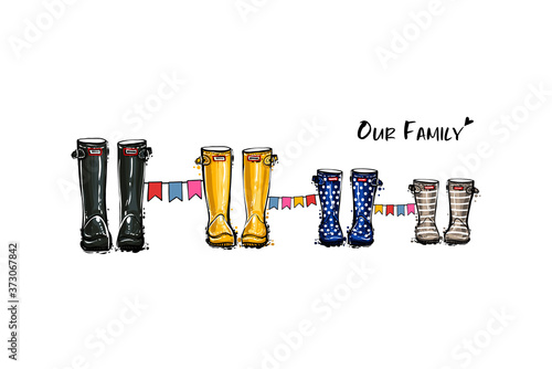 Happy home family four concept. Different colors wellies collection. Rubber boots autumn fall concept. Vector illustration in watercolor style. Decoration family card on white background.