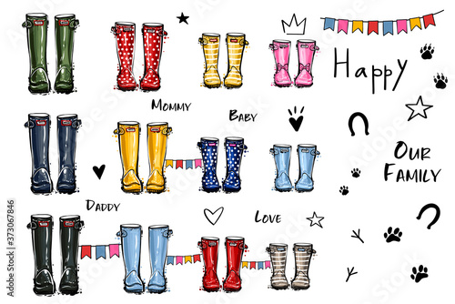 Happy home family four concept. Different colors wellies collection. Rubber boots autumn fall concept. Vector illustration in watercolor style. Decoration family card on white background.
