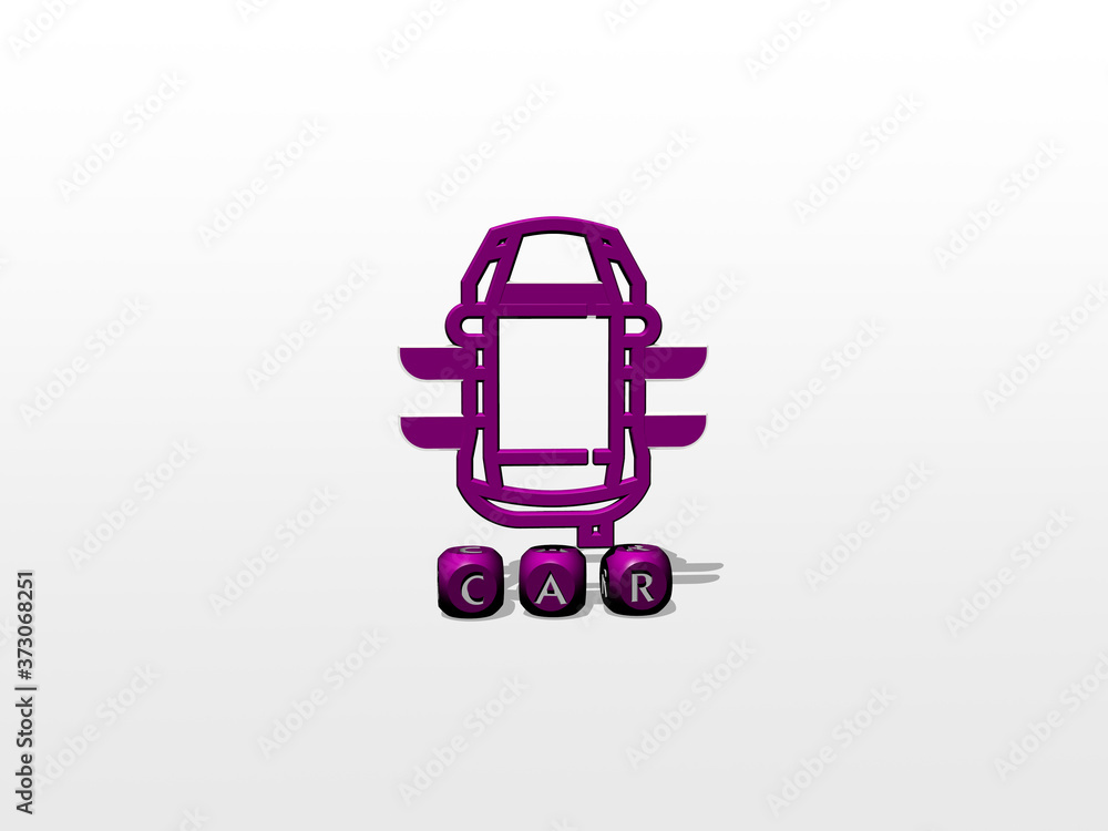car cubic letters with 3D icon on the top, 3D illustration