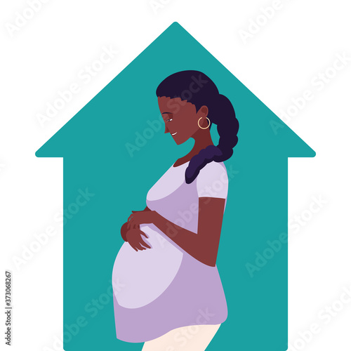 black pregnant woman cartoon in house vector design