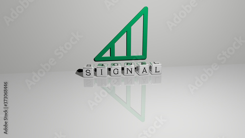 Canvas Print SIGNAL text of cubic dice letters on the floor and 3D icon on the wall, 3D illus