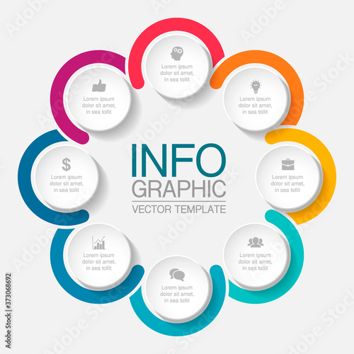 Vector infographic template, circle with 8 steps or options. Data presentation, business concept design for web, brochure, diagram.