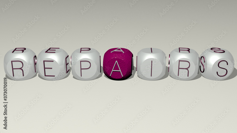 REPAIRS text by cubic dice letters, 3D illustration