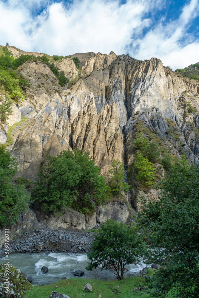 Multicolored cliffs in Khevsureti mountains, landscape, Georgia