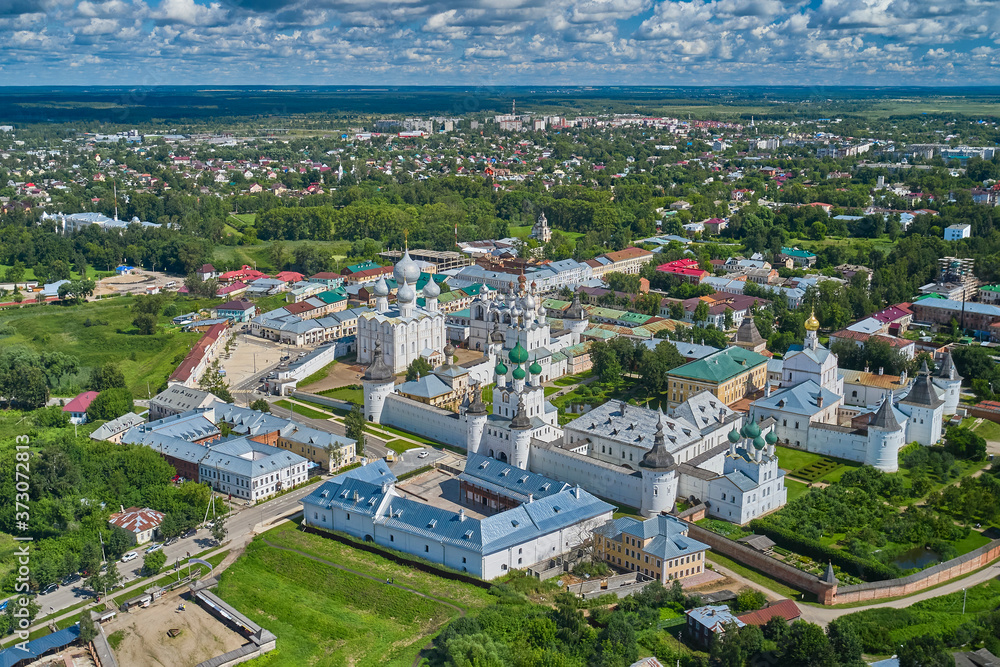 Scenic aerial view of old Assumption Cathedral in Kremlin of Rostov Veliky in Yaroslavl Oblast in Russian Federation. Beautiful summer sunny look of orthodox temple in center of ancient fortress