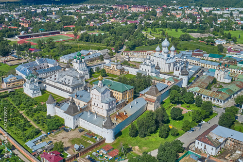 Scenic aerial view of old Assumption Cathedral in Kremlin of Rostov Veliky in Yaroslavl Oblast in Russian Federation. Beautiful summer sunny look of orthodox temple in center of ancient fortress