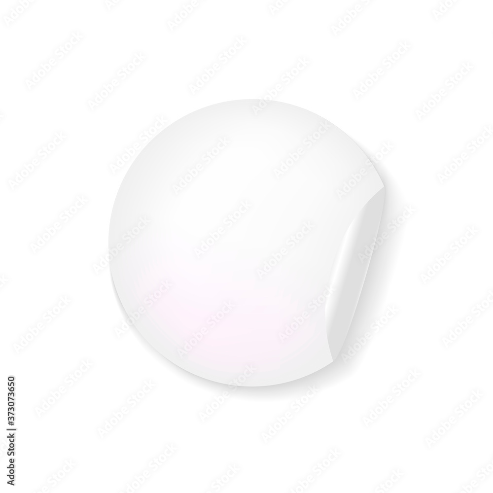 Vector circle shape white sticker isolated on white background, adhesive paper, round shape with a folded corner. Vector circle shape white sticker isolated on white background, adhesive paper, round shape with a folded corner.