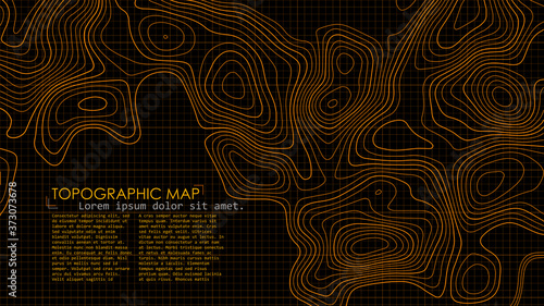 Vector contour topographic map. Orange lines on black background.