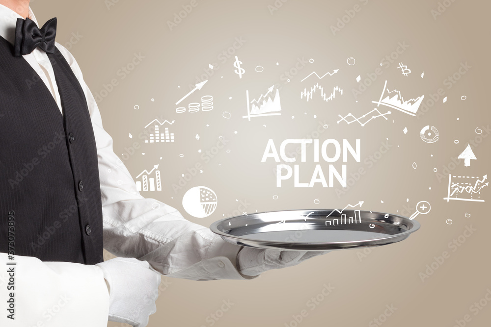 Waiter serving business idea concept with ACTION PLAN inscription Waiter serving business idea concept with ACTION PLAN inscription