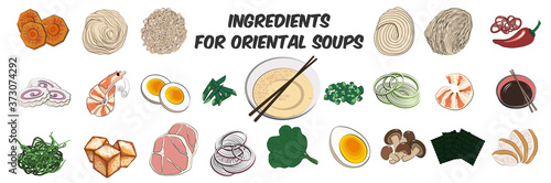 Traditional Japanese or Korean food-a large set of ingredients for traditional Oriental ramen noodle soups. Vector illustration in hand-drawn style on a white background