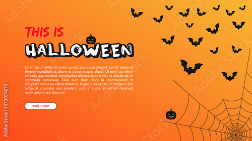 Vector horizontal background, web banner, place for text and button. Halloween theme, bats, cobweb, pumpkin. Orange gloomy background. Copyspace.