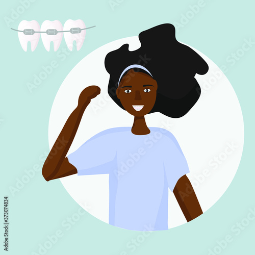 African woman with dark skin, with braces on her teeth is happy with a healthy smile.  Banner for advertising children's dentistry clinic. Dental care - orthodontic treatment. Flat vector