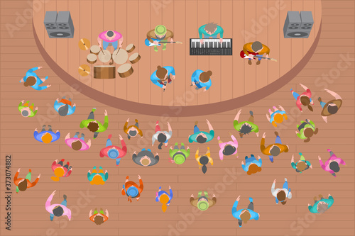 The music band. Top view. Musicians and singers.
Band performs on stage, music concert. (view from above)