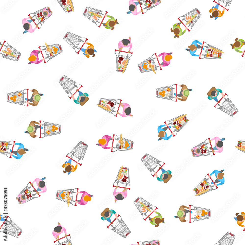 Seamless pattern. People with shopping carts. Top view. Buyers in the store. View from above. Seamless pattern. People with shopping carts. Top view. Buyers in the store. View from above.