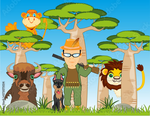 Huntsman with dog and wild animals in Africa
