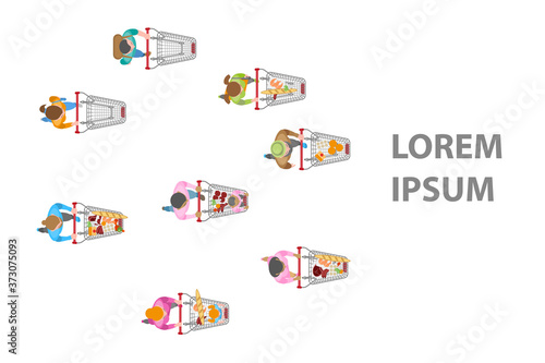 People with shopping carts. Top view. Buyers in the store. View from above.