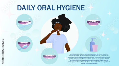 daily oral hygiene. How to brush your teeth and tongue properly using a toothbrush and floss. An example would be an open mouth with white, clean and healthy teeth and care items. information banner