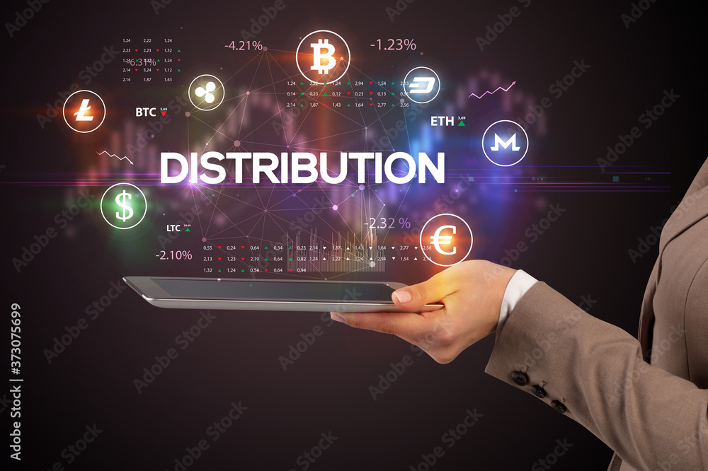 Close-up of a touchscreen with DISTRIBUTION inscription, business opportunity concept Close-up of a touchscreen with DISTRIBUTION inscription, business opportunity concept