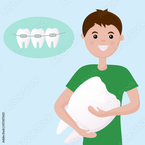 Cute character boy, with braces on his teeth, rejoices in a healthy smile.  Banner for advertising children's dental clinic. Dental care - orthodontic treatment and straightening of teeth. Flat vector