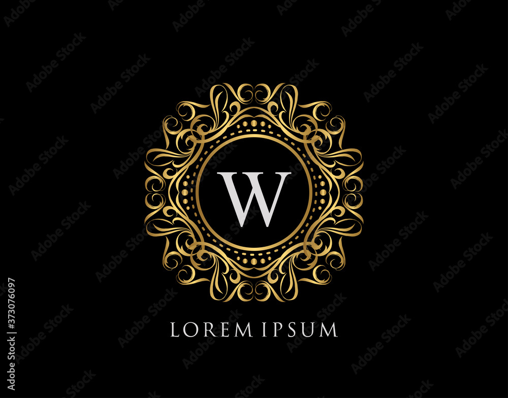 Calligraphic Badge with Letter W Design. Ornamental luxury golden logo design vector illustration.