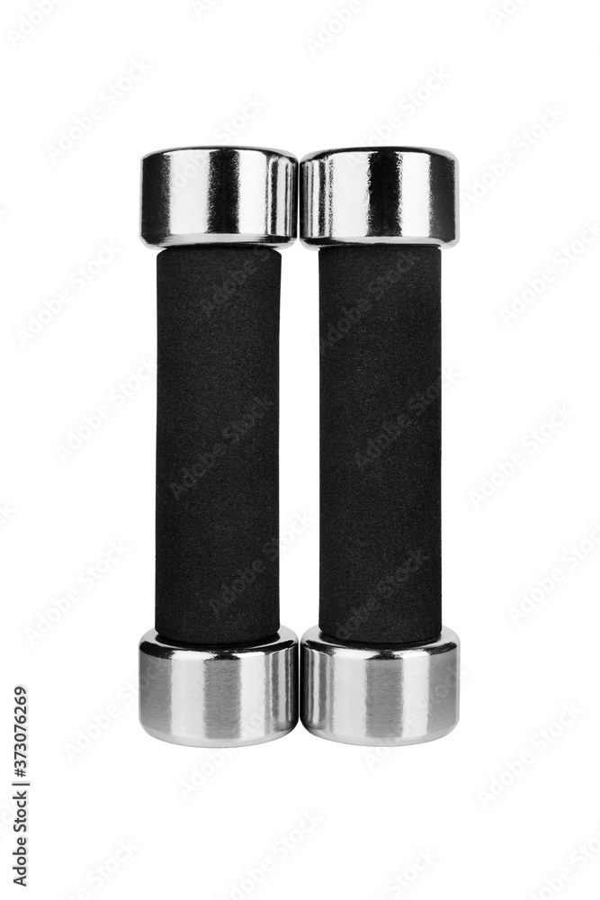 Two dumbbells on white background isolated close up, metal barbells with black arm set, pair of iron fitness bar-bells, sport equipment, bodybuilding concept, healthy lifestyle, gym training, nobody Two dumbbells on white background isolated close up, metal barbells with black arm set, pair of iron fitness bar-bells, sport equipment, bodybuilding concept, healthy lifestyle, gym training, nobody