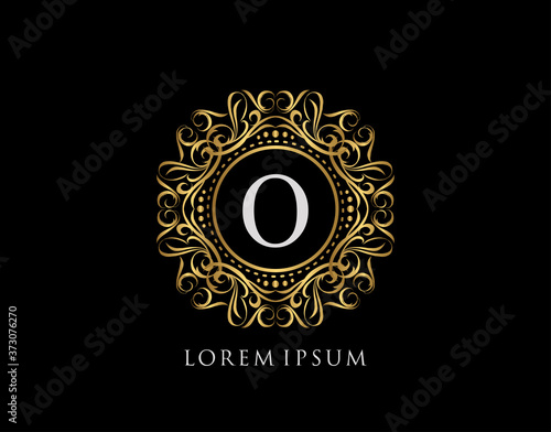 Calligraphic Badge with Letter O Design. Ornamental luxury golden logo design vector illustration.