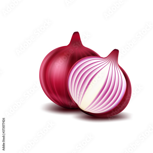 Red whole onion, and a cut piece on white plate, onion flavor, fresh vegetables.