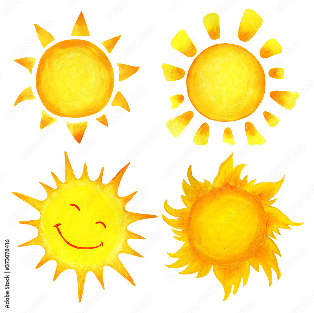 Set of cartoon watercolor sun. Children's illustration of a hand-drawn sun. Isolated on a white background. Sunrise sunset.