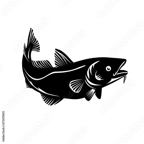 Atlantic Cod or Codling Fish Swimming Up Woodcut Black and White